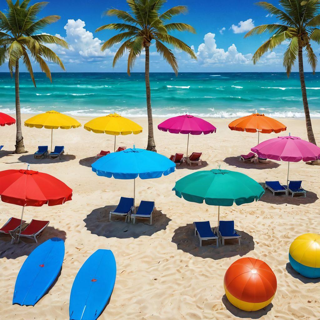 A vibrant beach scene showcasing diverse beachwear styles, featuring sunbathers in colorful swimsuits, stylish cover-ups, and trendy accessories. The background includes gentle waves lapping at the shore, palm trees swaying in the breeze, and a bright blue sky with fluffy clouds. Elements of sand and surf are intertwined, highlighting the transition from sandy relaxation to lively surfing. Beach umbrellas and beach balls add a playful touch to the atmosphere. super-realistic. vibrant colors. 3D.